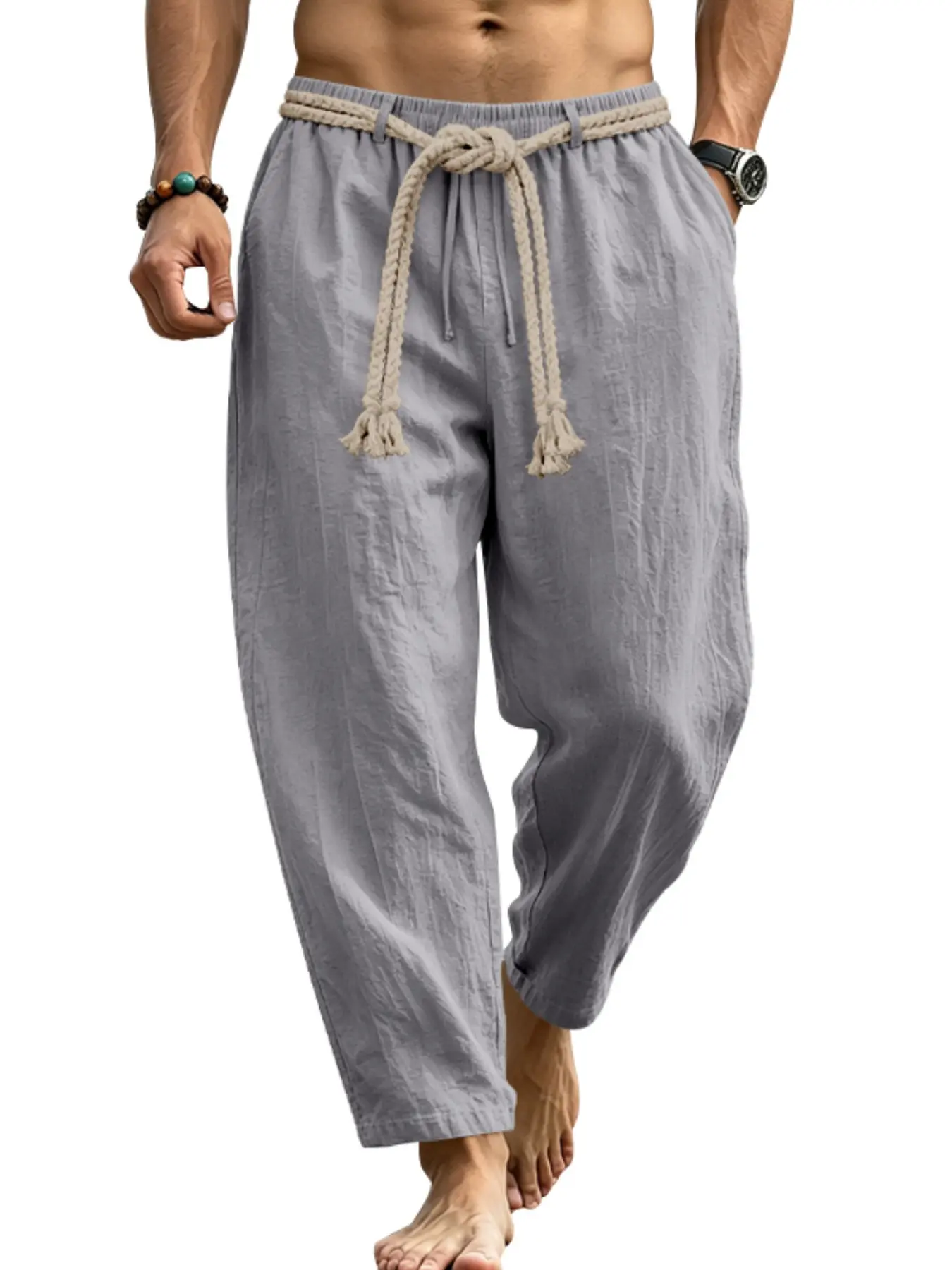 Summer Lightweight Cotton Linen Casual Solid Drawstring Pants for Men, Loose Straight Nine-Inch Pants, Japanese Retro Drawstring Hemp Pants, Breathable Comfort, Casual Comfy Trouser