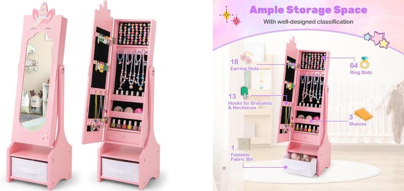 [Costway]-  Kids Jewelry Armoire Cabinet, Wooden Standing Jewelry Organizer with Full-length Mirror and Storage Drawers, gifts birthday,Christmas Festival Gift Black Friday Cyber Monday