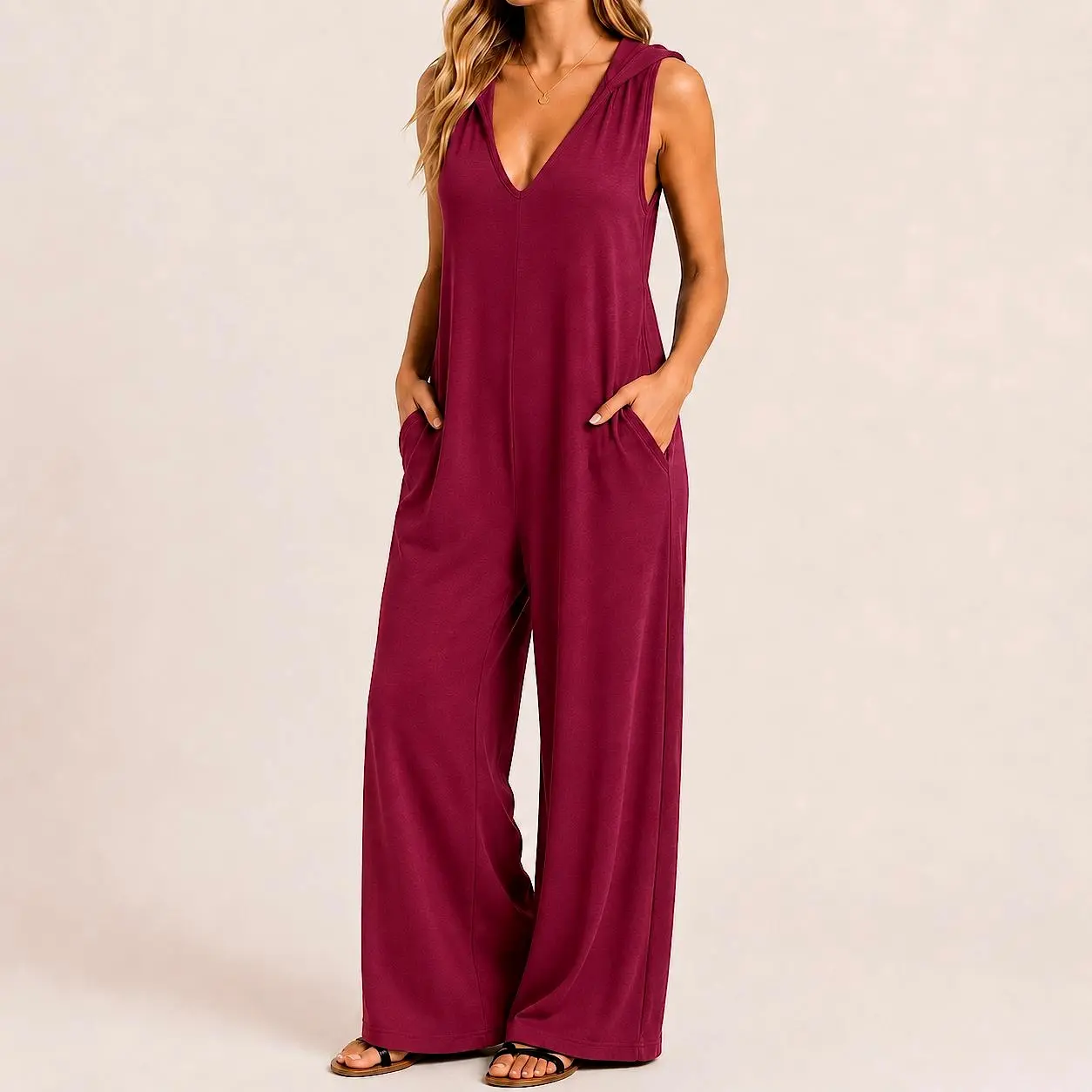 Women’s Sleeveless V Neck Wide Leg Jumpsuit, Casual Elegant Jumpsuit Hoodie with Pockets, Breathable Wide Leg Jumpsuit with hat, Long Daily Outing Wear Women, Durable Casual Summer Outfit, Business Summer Travel