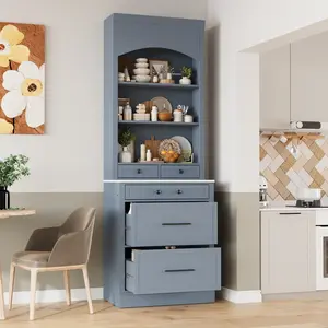 Modern High Kitchen Pantry, Freestanding Tall Kitchen Hutch with Faux Marble Top, Display Cupboard Cabinet with 5 Storage Drawers and Adjustable Shelf, Gray/White/Blue