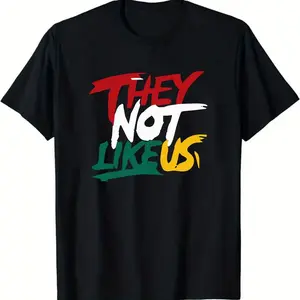 THEY NOT LIKE US Printed Slogan T - shirt - Black Short - Sleeve, Stylized Hand - Drawn Text with Colorful Outlines (Red, White, Green, Yellow) - Plain White Background Displayed Summer Casual Tee100% pure cotton, S-XXXL
