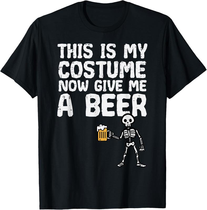 Men's Classic Cotton Soft Crew Neck Tee - Menswear Vintage Short-Sleeve Apparel, Breathable Top with Distressed Text Skeleton Beer Mug Halloween Humor Graphic for Casual Parties