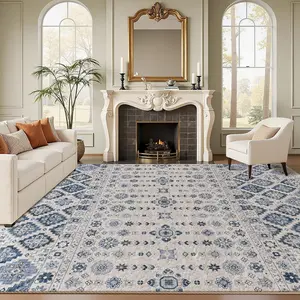 Velvet Living Room Carpet, Moroccan Style Blue Print Rug, Soft Short Pile, Easy to Clean, Ideal for Bedroom & Study