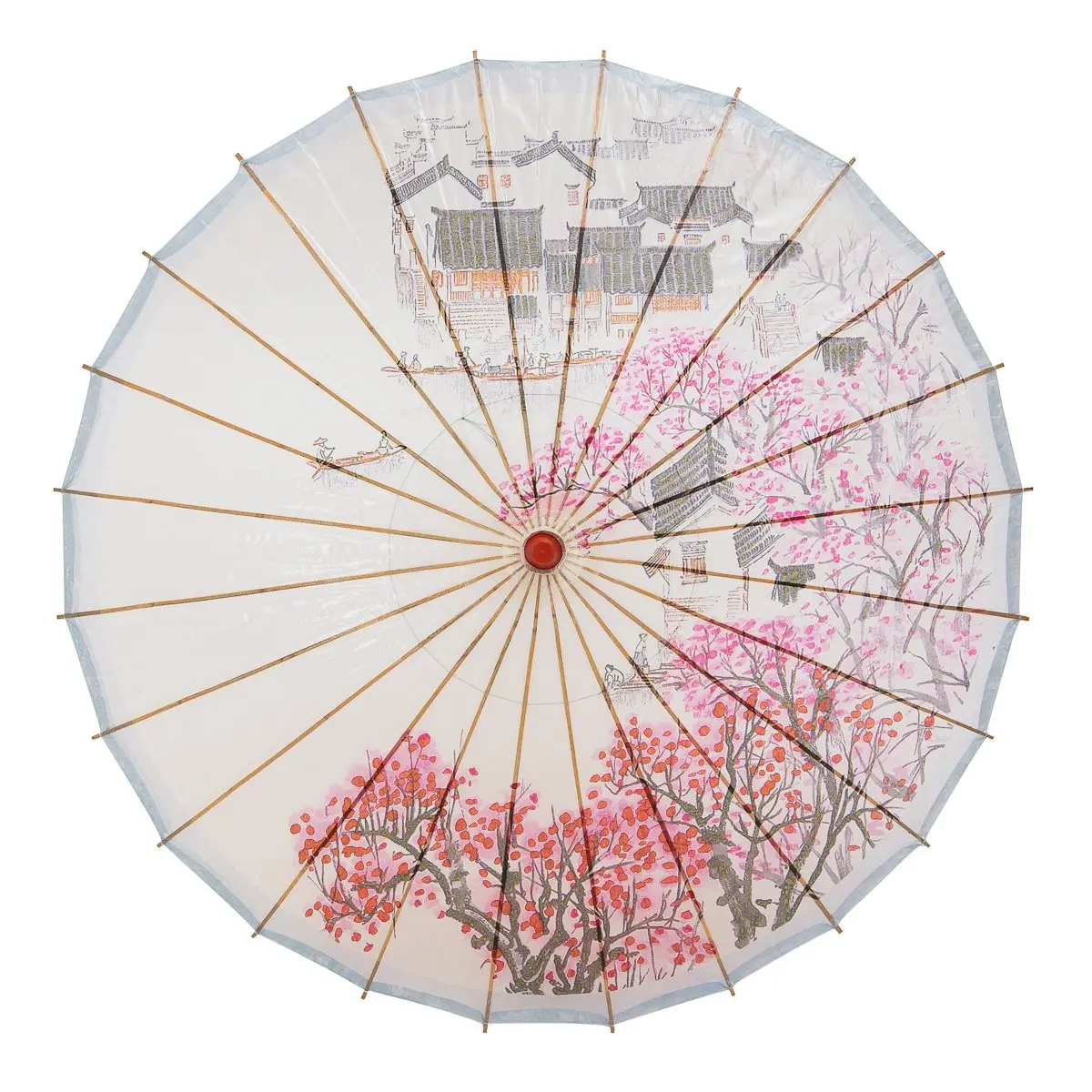 Thy Home Handmade Chinese Oil Paper Umbrella - 33 in Diameter, Bamboo Frame, Village Scenery Print, Waterproof, 22 in Handle to Top, Wedding Gift, Gift for Special Occasions, Traditional Home Decor Accessory for Music Festivals