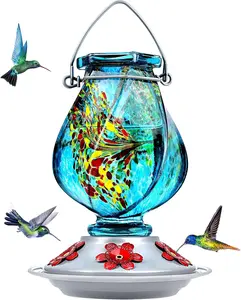 Hand Blown Glass Hummingbird Feeders for Outdoors Hanging, 22 Ounce, Five Feeding Ports with Perch, Blue
