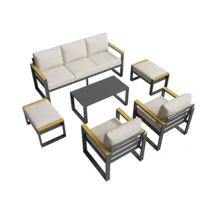Gaomon 7-Seater High-Density Aluminum Frame Outdoor Sectional Couch Set, 6-Piece Powder-Coat Metal Modular Sectional Couch Conversation Set with Tool-Free Assembly for Balcony, Garden