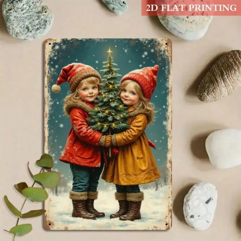 Vintage Aluminum Christmas Tree with Children Perfect Holiday Decoration for Living Room Family Area Festive Ornaments Home Decor for Christmas