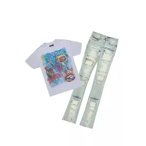 Yooz Heather Grey/Blue Oversized T-Shirt/Super Stacked Flare Jean Bundle