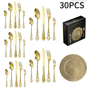 30-Piece Stainless Steel Palace Dinnerware Set, Vintage Relief Western Tableware, Craft Decorative Plastic Plates