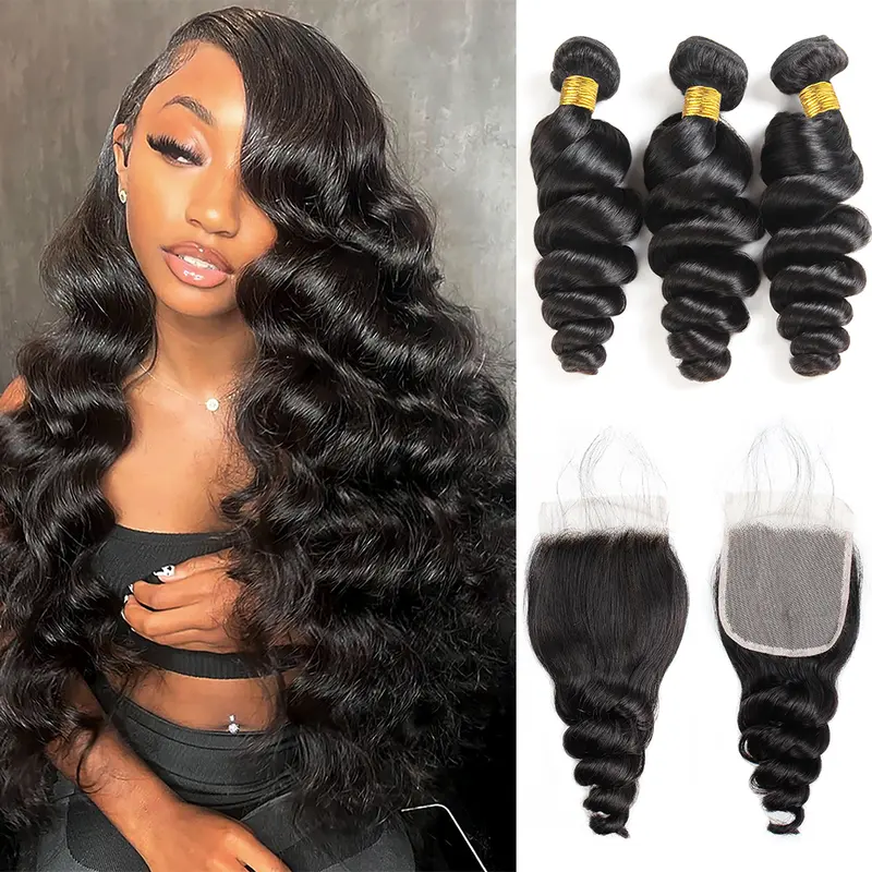 Loose Wave Human Hair Bundle with Closure Brazilian Virgin Hair Loose Wave Bundles Human Hair 3/4 Bundles with 4×4 Lace Closure