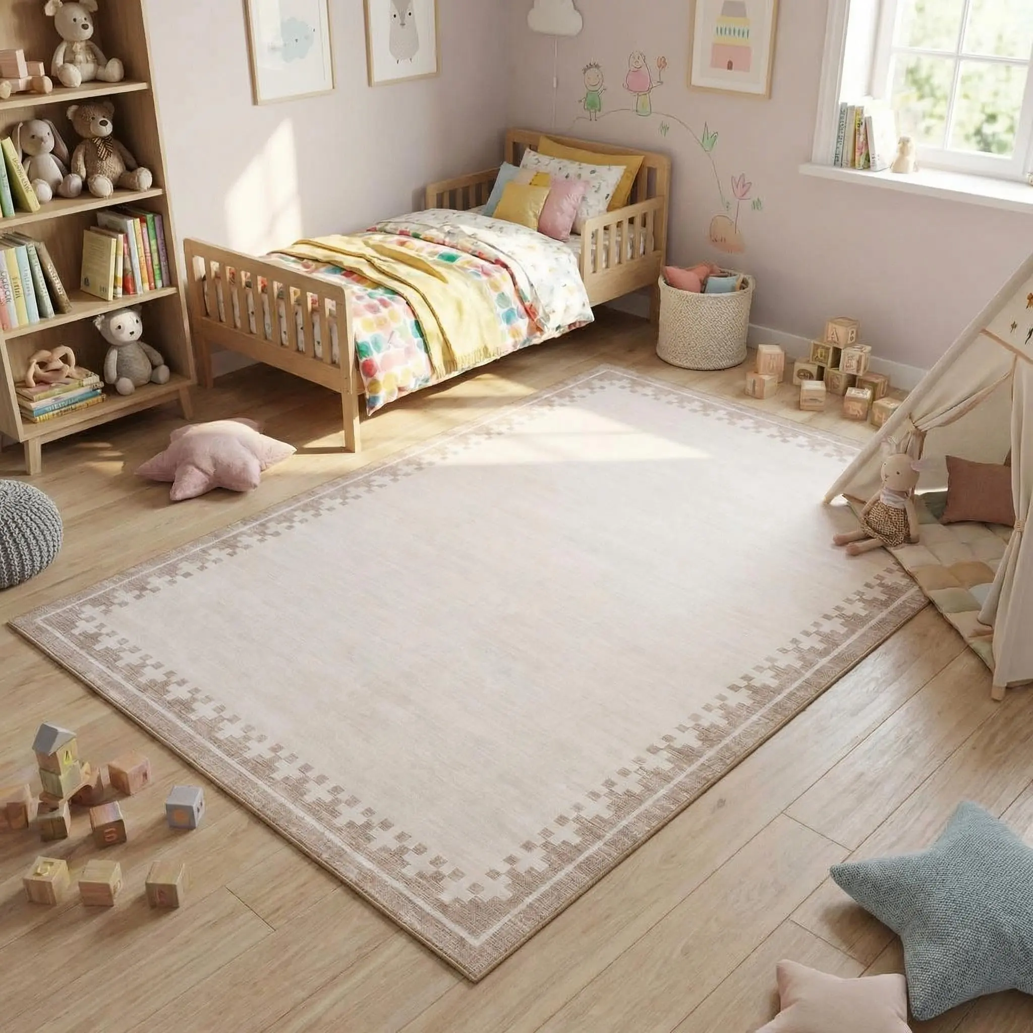 Area Rug Living Room Rug 5x7 Washable Rugs for Bedroom Modern Bordered Non Slip Carpet Indoor Soft Low Pile Floor Mat Foldable Non-Shedding Neutral Rugs for Dining Room Nursery Dorm Beige