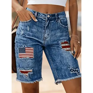 Women's Retro Distressed Denim Shorts with USA Flag Embroidery Patches - Frayed Hem Mid-Rise Bermuda Shorts Suitable for Spring/Summer, Casual Beachwear & Everyday Outfits, Machine Washable Denim Shorts