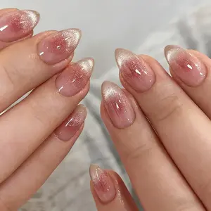 Cat-Eye Pink Nude Almond Nails| Short Press-On DIY Kit| Magnetic Gradient False Nails| Daily Wear Beauty Set