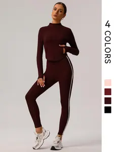 Women's Yoga Set, High Elasticity Sporty Design, Stand Collar Zipper Pocket Thumb Hole Jacket & Colorblock Tight-Fit Pants Above Ankle, Tracksuit Set, Sportswear Set