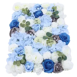 6 Pcs Artificial Flowers Wall Blue and White Romantic Flower Wall for Background Decoration Silk Flower Roses Hanging Wall Panel