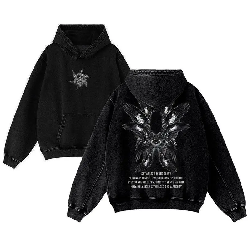 Seraphim Angel Vintage Washed Hoodie, Oversized Menswear And Women Menswear Tops, Gym Pump Cover, Hip Hop Y2K Graphic Apparel, Gift for Fans