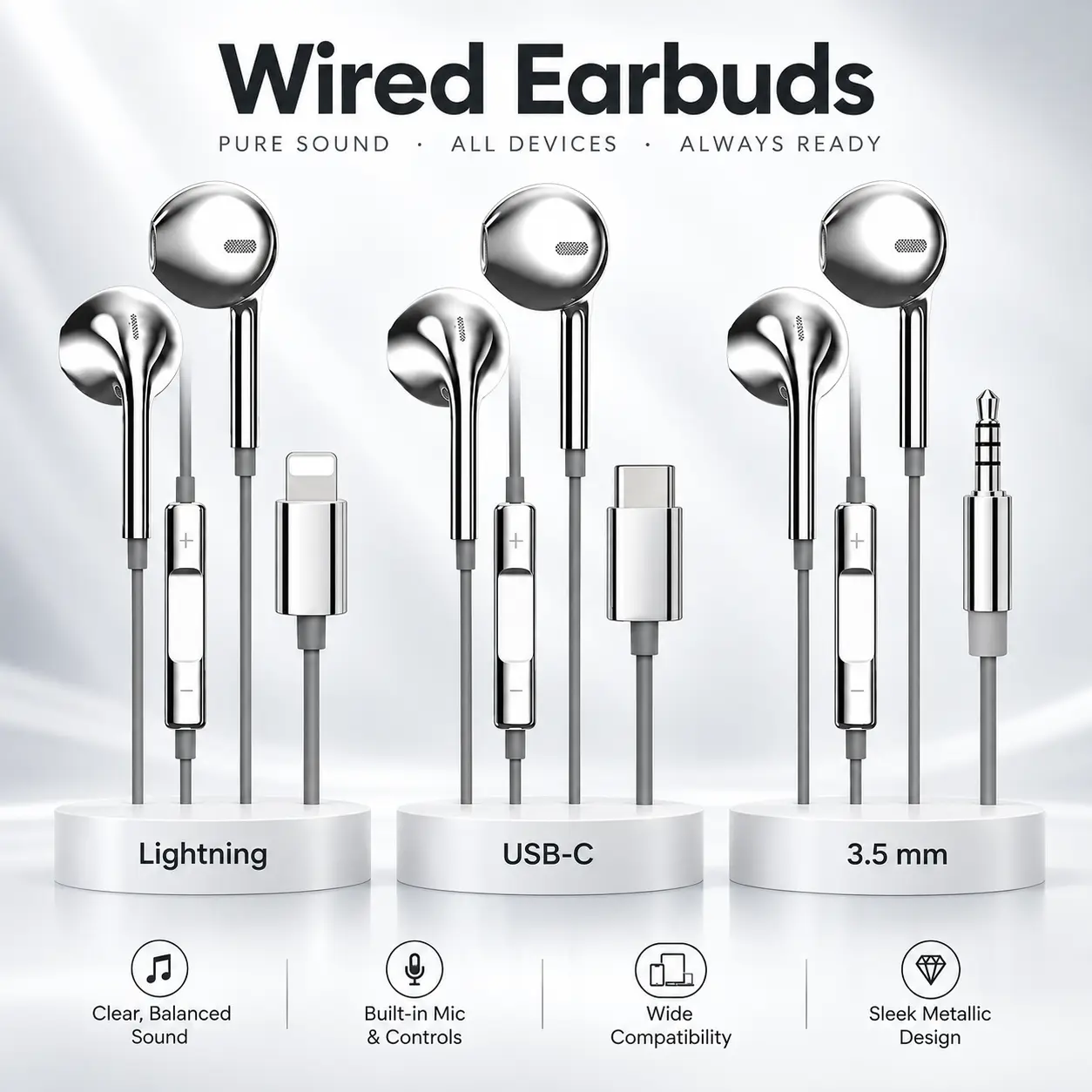 Silver Classic Plug and Play Wired Design Earbuds with Line Control, Silver Electroplated Gloss Retro Semi‑In‑Ear Earbuds for 3.5mm Type‑C & Lightning Option For Smartphone Calling Listening
