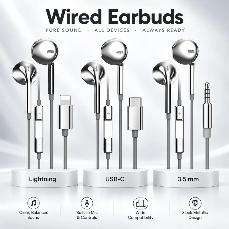 Silver Classic Plug and Play Wired Design Earbuds with Line Control, Silver Electroplated Gloss Retro Semi‑In‑Ear Earbuds for 3.5mm Type‑C & Lightning Option For Smartphone Calling Listening