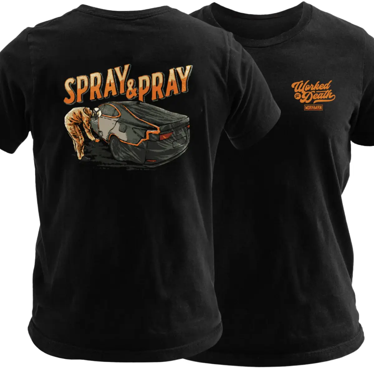 Spray & Pray Auto Body T Shirt, Funny Car Painter Graphic Tee, Soft Cotton Blend Workman Shirt, Body Shop Technician Humor Design, Work to Death Job Apparel for Men & Women