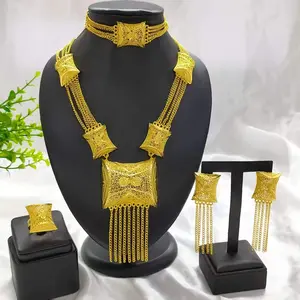 Ethiopian Luxury 24K Gold Color Tassl Long Jewelry Sets Wedding African Necklace Earrings For Women Nigerian Indian Bridal Set P