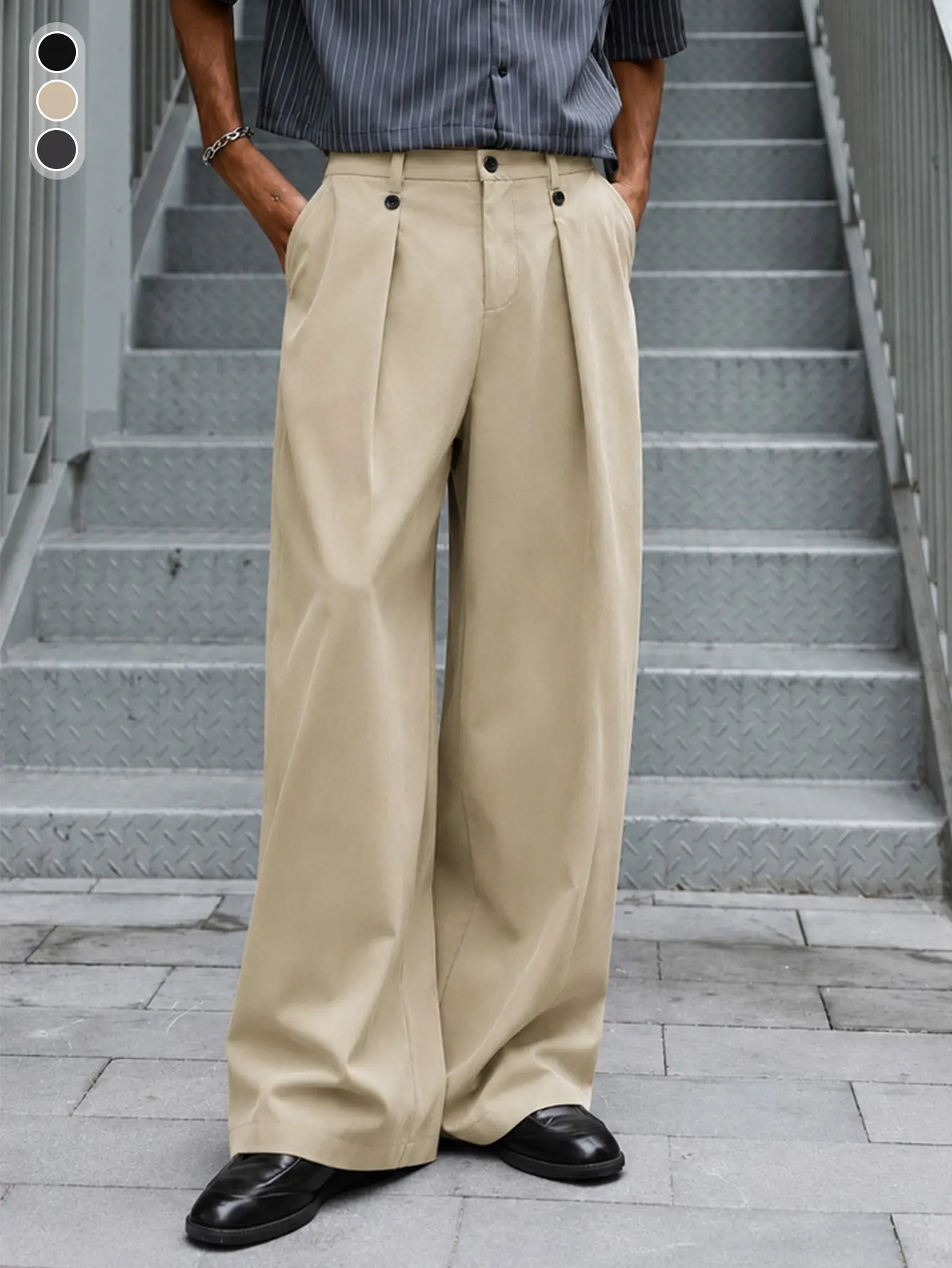 Men’s khaki wide-leg casual dress pants — drapey straight-cut loose long trousers, Japanese street style, suitable for all seasons