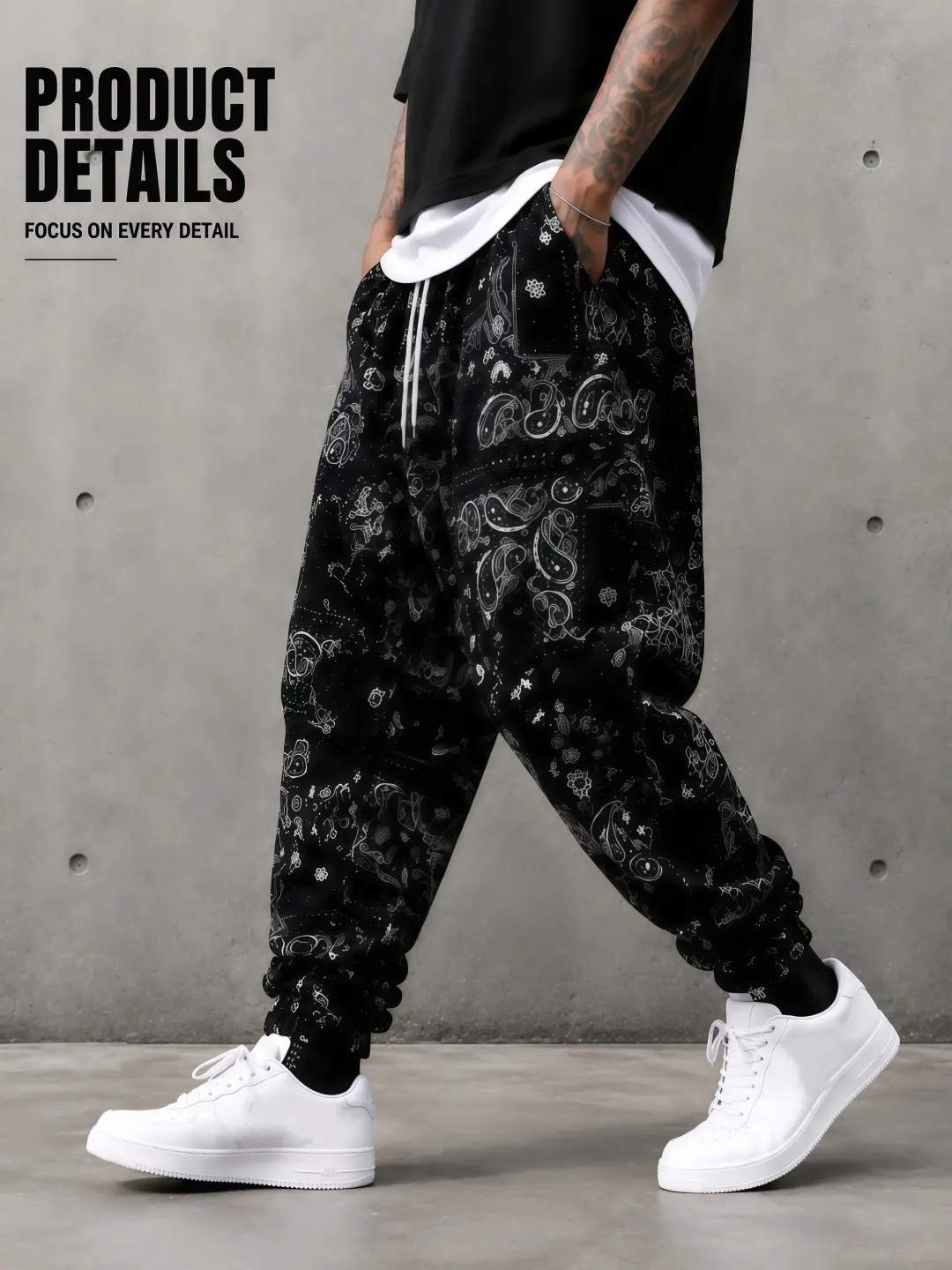 Male All Over Print Paisley Bandana Sweatpants, Elastic Waistband Drawstring Joggers, Loose Tapered Cuff Normal Type Pants with Side Pockets, Machine Washable Streetwear for Casual Workout Lounge