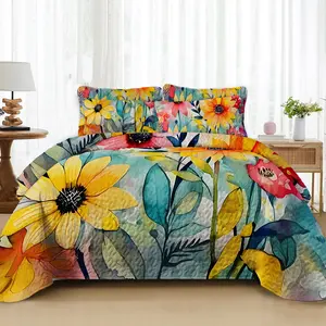 Bohemian-Style Lightweight Bedspread & Coverlet Quilt Bedding Set with Watercolor Sunflower Pattern Queen/King Sizes Twin Size All-Season Skin-Friendly Soft Microfiber Material - Heavy Curtain