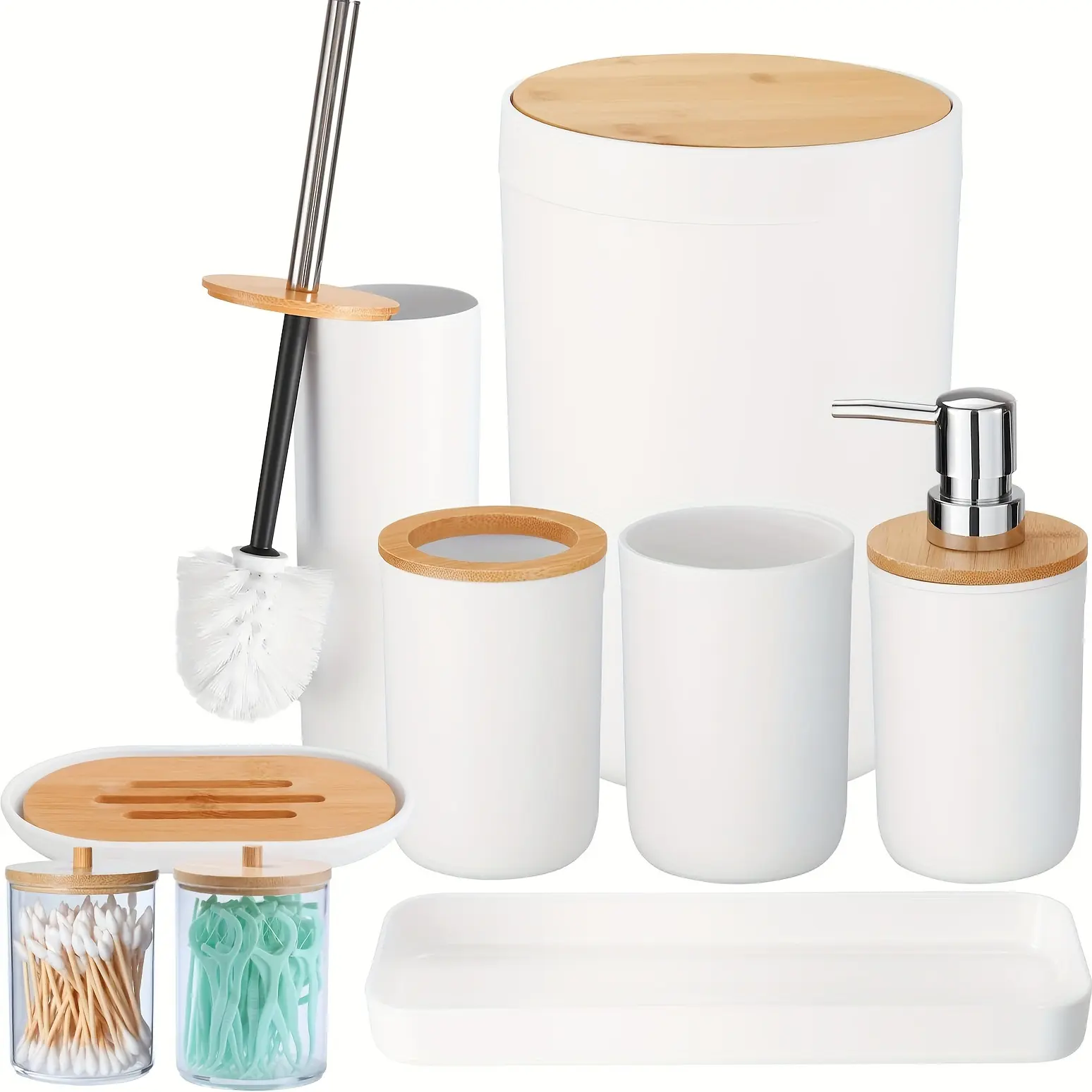 9PCS Bathroom Accessories Set Bathroom Decor Sets with Trash Can,Toilet Brush,Toothbrush Holder, Lotion Soap Dispenser, Soap Dish,Toothbrush Cup,Vanity Tray,Qtip Holder