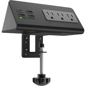 Nightstand Edge Mount Power Strip with USB-C Ports Tabletop Surge Protector Desk Clamp Power Sockets with 3 AC Outlets &4 Fast Charging USB Ports for Home Office Hotel and Dormitory