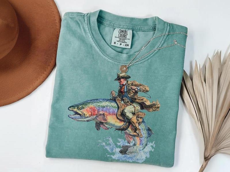 Comfort Colors Western Fishing T-Shirt: Retro Cowboy Riding Trout Graphic - Oversized Vintage Country Style Tee - Premium Cotton Fishing Shirt for Men