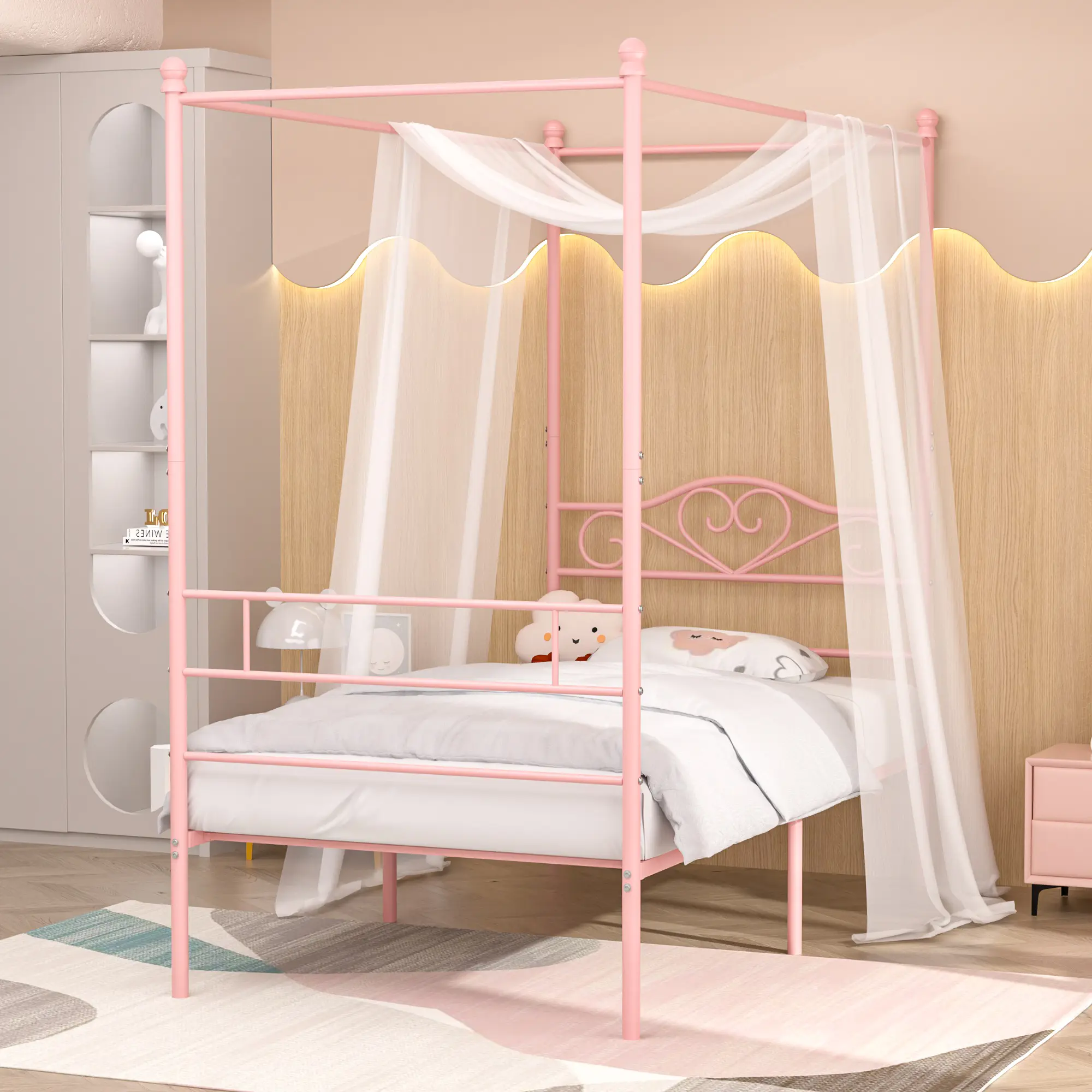 VECELO Twin Canopy Bed Frame, Metal Four Corner Bed Mosquito Net Removable Frame Bracket Underbed Storage Space,Steel Slats Support,No Box Spring Needed