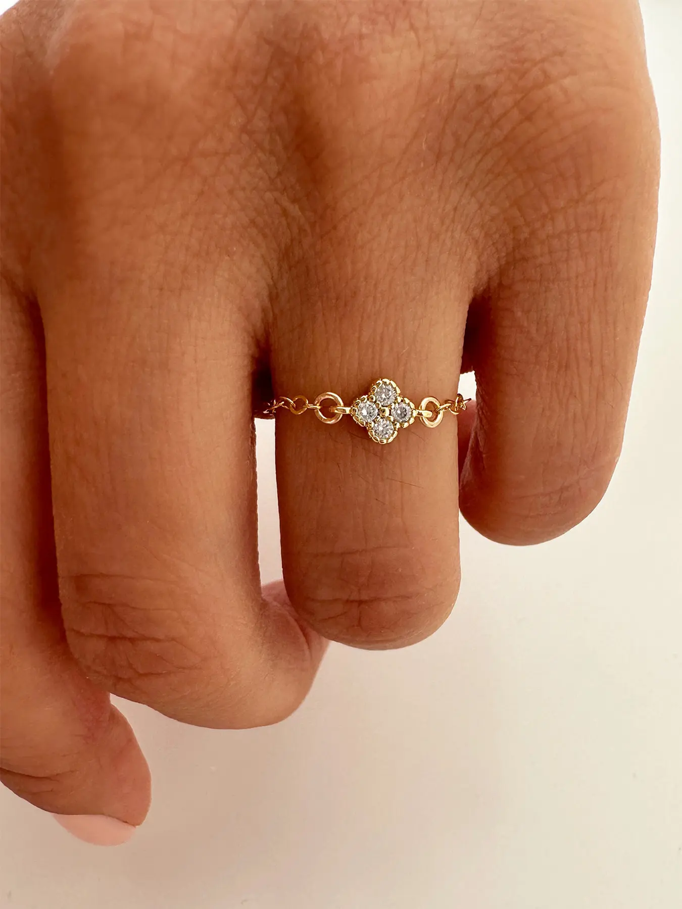 14k Four-Leaf Clover Adjustable Ring, Zirconia Floral Design, Zircon Embellished Rings, Artificial Zircon Ring, Fashion Jewelry Gift for Women, Fashion Promise Ring, All Seasons Wear