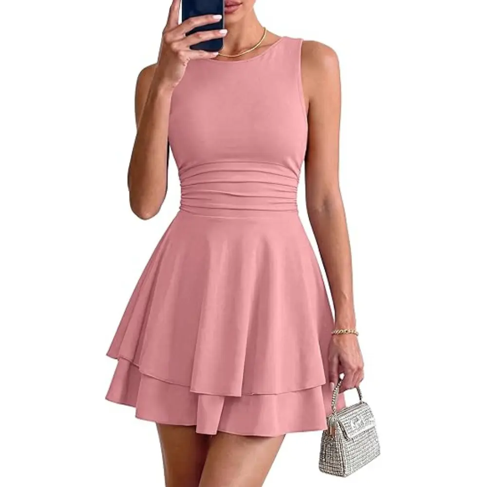 PRETTYGARDEN Women's  Summer Mini Dress Sleeveless Ruched A Line Ruffle Flowy Short Cute Dresses Party Date Night Outfits