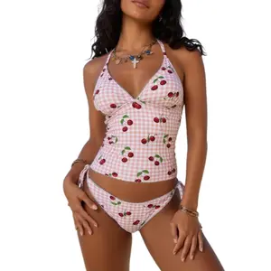 Women's Halter Tankini Swimsuit Cherry Print Gingham Tie Side 2 Piece Bathing Suit swimsuit women onepieceswimsuit plus size swimsuits tankini women bathing suits for the summer swim sets for women women's swimsuits swimsuits 2 piece