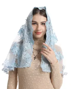 Mantveil Catholic Church Veils for Women: Light Blue Floral Embroidered D Shaped Lace Mantilla Chapel Veil Latin Mass Head Covering