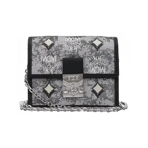 MCM Vintage Jacquard Capsule Collection Leather Mini Wallet with Chain Strap for Women in Gray