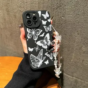 Butterfly Pattern Phone Case with Lanyard & Beaded Hand Strap, Decorative Phone Protector Cover, Phone Accessories Compatible with iPhone XR XS Max 11 12 13 14 15 Plus Pro Max Series Black Protection Protective