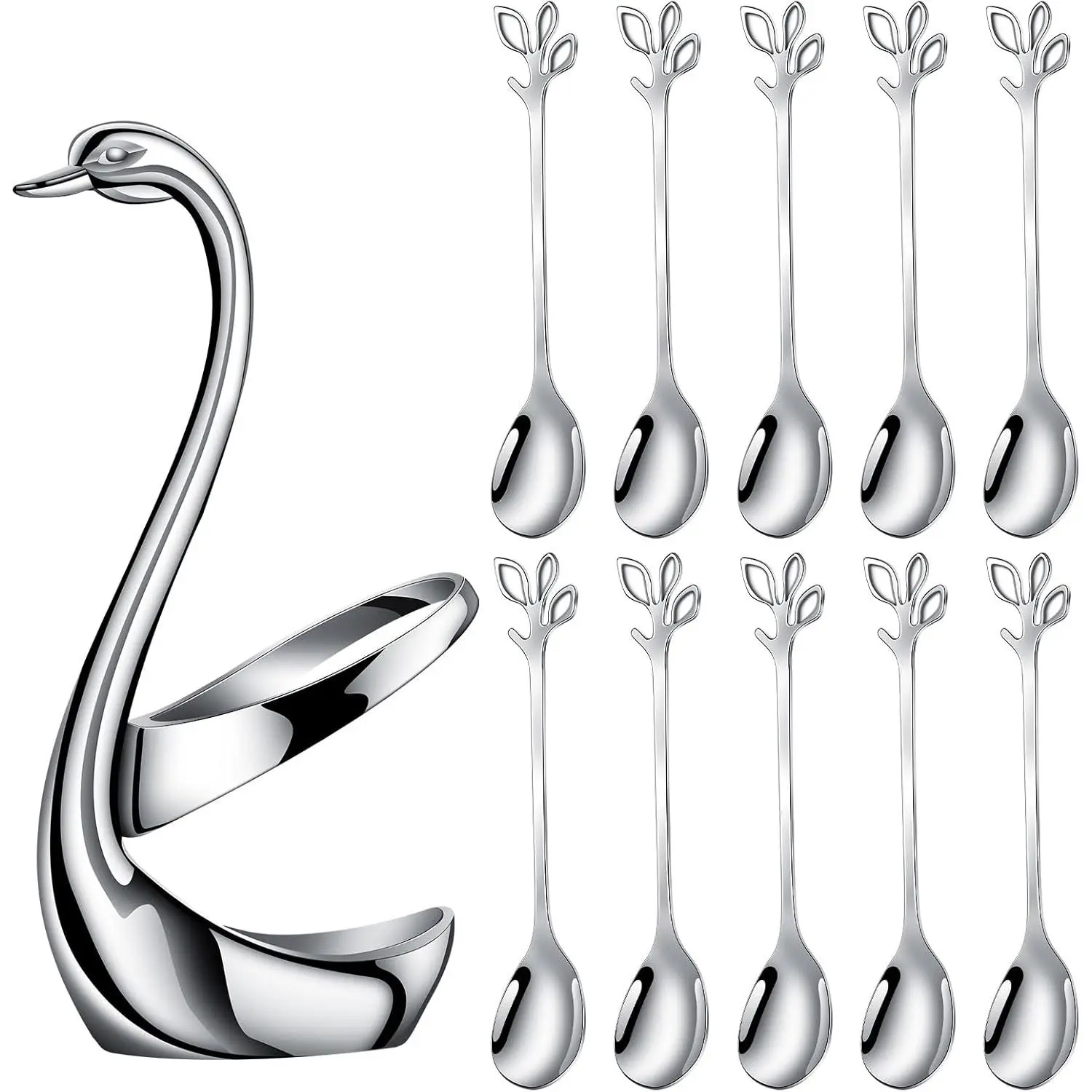 11 Pcs Mini Coffee Spoon Holder Set,Including 1 Swan Base With 10 Demitasse Espresso Spoons,4.7" Mini Leaf Dessert Spoon,Stainless Steel Tea Spoons,Halloween Christmas Party Fathersdaygift,Hand Tools Kits