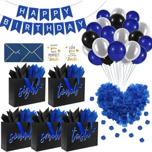 5 Senses Gift Bags for Him with Tissue Pape & Labels, Happy Birthday Decorations Kit with Banner, Envelope, Balloons, Rose Petals, Card for Men, Husband, Boyfriend