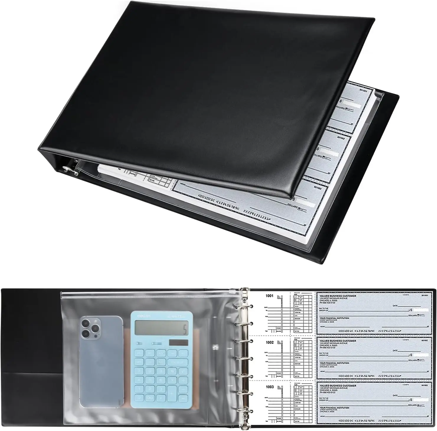 7 Ring Business Check Book Binder, 600 Checks Capacity for 9" x 13" Sheets, PU Leather Checkbook Holder with Zip Pouch