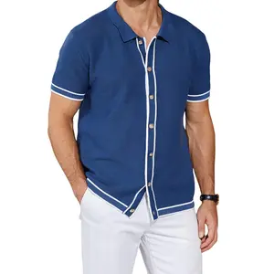 Zaitun Men's Contrast Trim Button Front Short Sleeve Casual Relaxed Fit Knit Top Polo Men Shirt