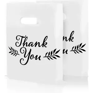 Thank You Bags, Merchandise Bags, With Handles, Plastic, For Shopping, Retail, , Small Business, Boutique, Store, Customers, Product, Vendor, Events, Holiday, White, 9"x12", Bulk 100 PK