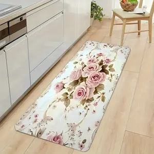 European Flower Floor Mat - Pink Rose Kitchen Bathroom Carpet, Soft Living Room Bedroom Door Decorative Mat, Durable Polyester Material, Elegant Home Decorative Mat, Home Gift