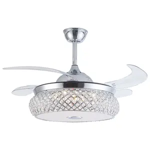 42" Invisible Ceiling Fan Chandelier with Light and Bluetooth Speaker,Modern Dimmable Fandelier Crystal Ceiling Fan Light Remote Control 4 Retractable ABS Blades for Bedroom