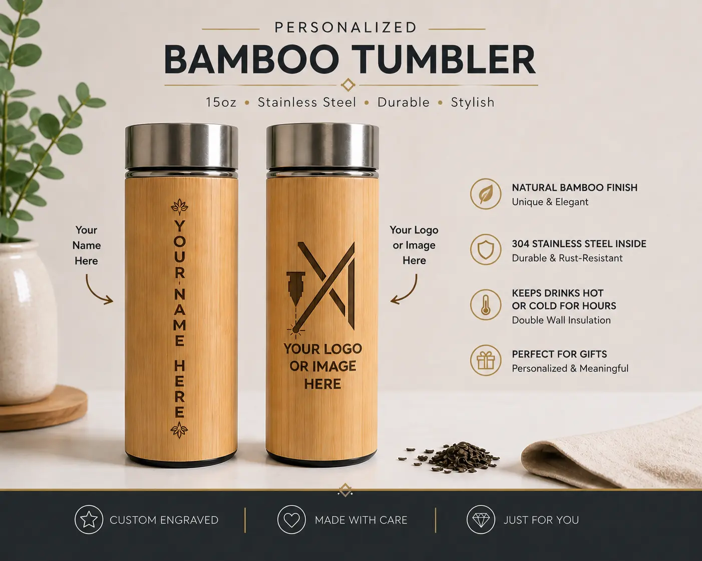 Personalized Bamboo Tumbler 15oz – Stainless Steel Engraved Bottle with Natural Bamboo Finish