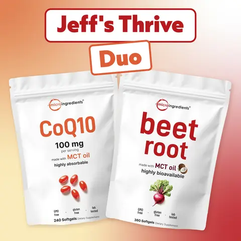 Micro Ingredients Jeff's Thrive Duo: Beet Root 9000mg with MCT Oil 360 Softgels + CoQ10 100mg with MCT oil 240 Softgels