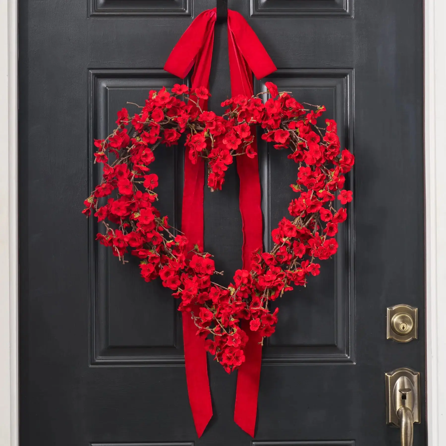 Luxe in Love Red Velvet Cherry Blossoms Heart-Shaped Valentine's Day Wreath with Bow Hanger, Festive Floral Decor for Room Decor, Ornaments