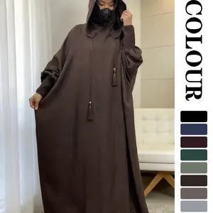 Women's Solid Color Batwing Sleeve Drawstring Hooded Dress, Casual Long Sleeve Shirred Cuff Long Dress for Spring & Fall, Women's Islamic Clothing for Daily Wear