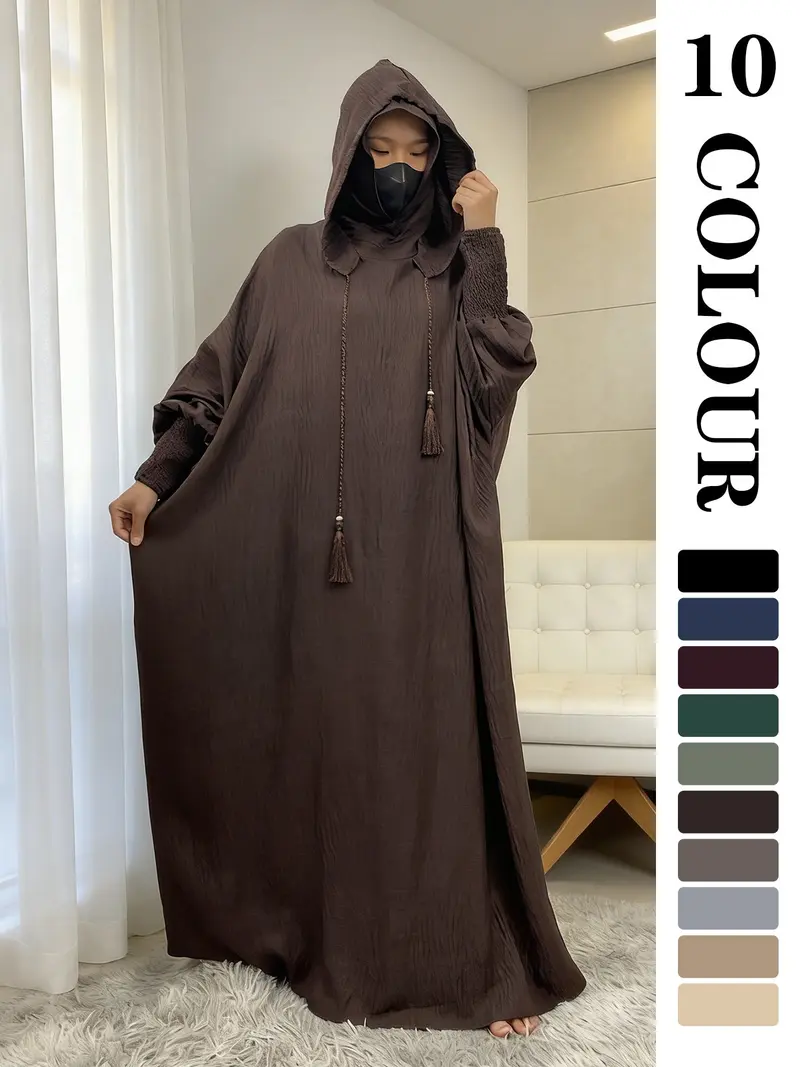 Women's Solid Color Batwing Sleeve Drawstring Hooded Dress, Casual Long Sleeve Shirred Cuff Long Dress for Spring & Fall, Women's Islamic Clothing for Daily Wear