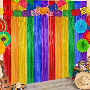 Cinco de Mayo Fiesta Party Decorations Foil Fringe Curtains Backdrop Fiesta Banner for Mexican Decor Wedding Engagement Rainbow Party Supplies